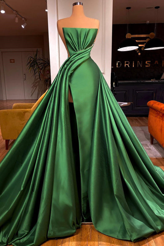 Modern Emerald Green Strapless Sleeveless Prom Dress Beadings With Split