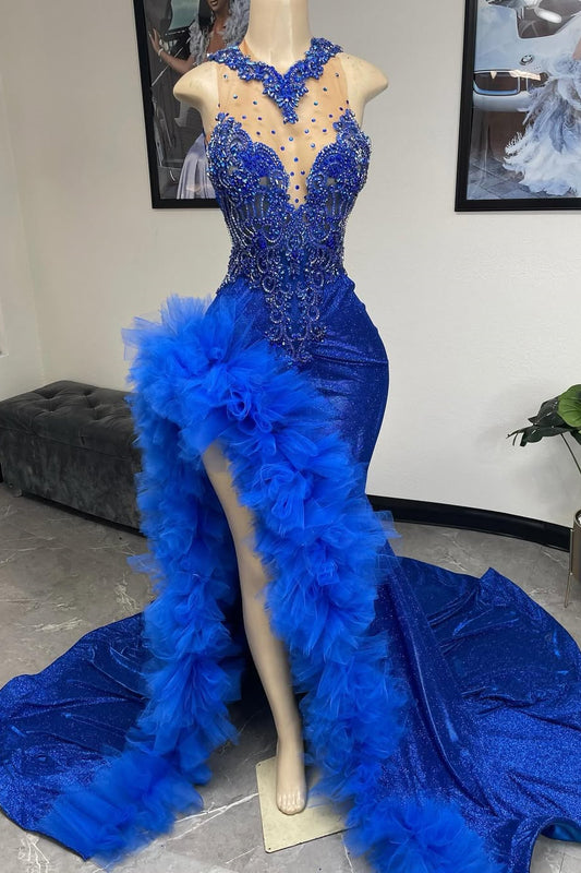 Modern Royal Blue Mermaid Prom Dress Sleeveless High Slit WIth Beadings Ruffles