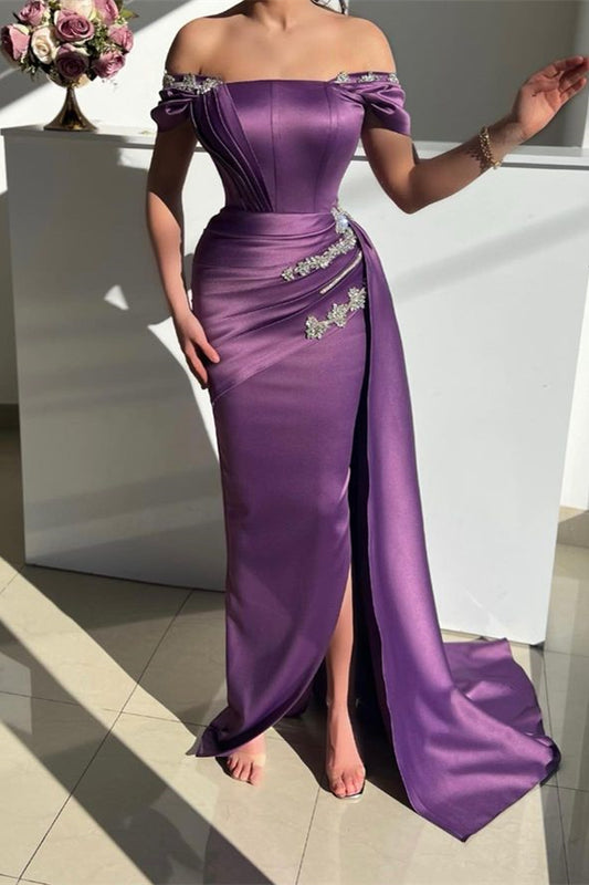 Modern Purple Off-the-Shoulder Prom Dresses Mermaid Ruffle With Beads