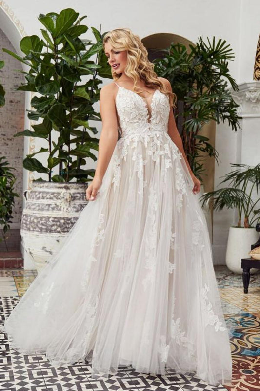 Elegant Long V-neck A-line Tulle Wedding Dress Featuring Lace Open Back