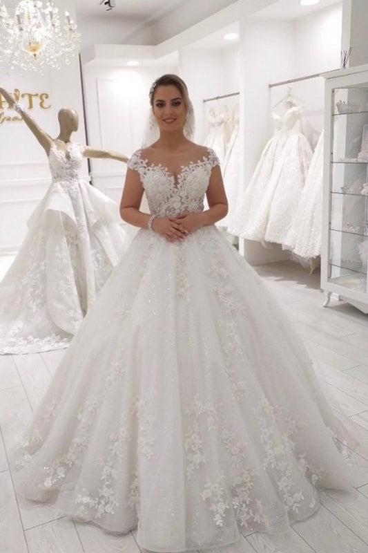 Elegant Floor-length A-Line Wedding Dress with Tulle Ruffles and Lace Appliques