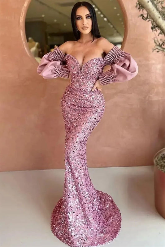 Gorgeous Long Sleeves Sequins Mermaid Prom Dress Off-the-Shoulder