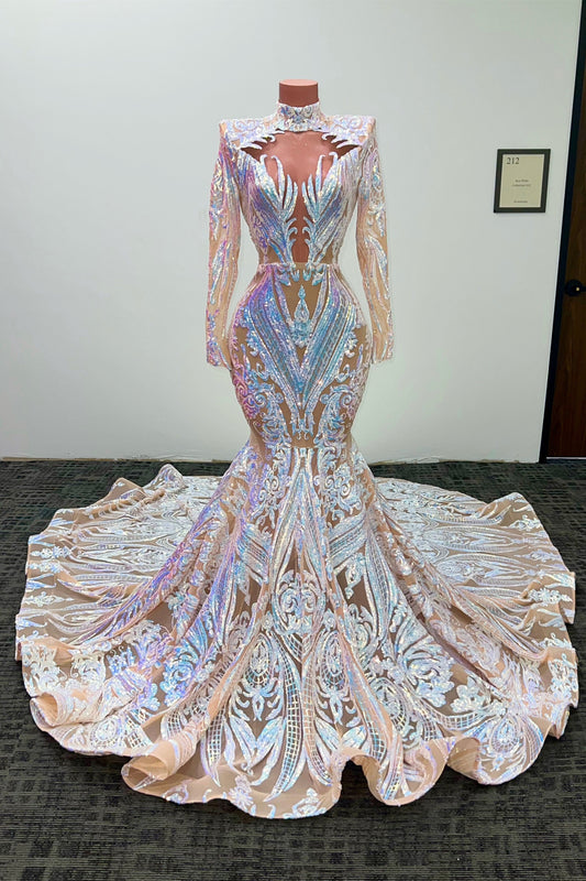 Gorgeous High Neck Long Sleeves Mermaid Prom Dress With Sequins