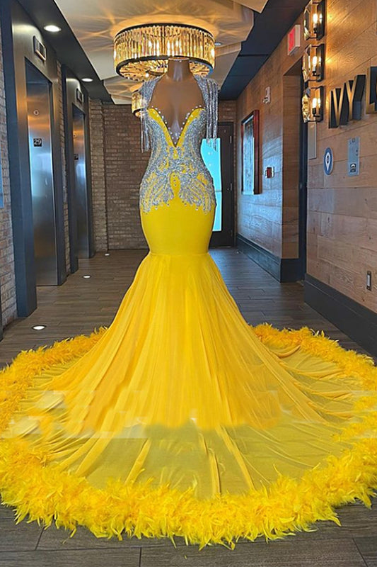 Classic Yellow Prom Dress Mermaid Long Tassels With Feather