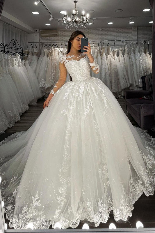 Elegant Long-Sleeve Sheer Tulle Ball Gown Wedding Dress Featuring Appliques