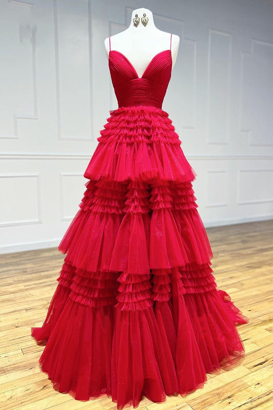 Chic Red Spaghetti-Straps Prom Dresses Sleeveless Tulle Layered