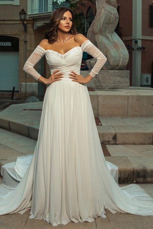 RjerStore A Line Off-the-shoulder Long Sleeve Strapless Prom Dresses