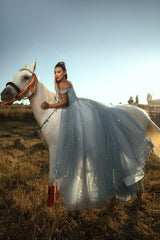 RjerStore A Line Sleeveless V-Neck Rhinestone Floor-Length Tulle Prom Dresses