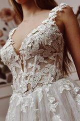 RjerStore A Line V-Neck Spaghetti Sleeveless Tulle Applique Prom Dresses