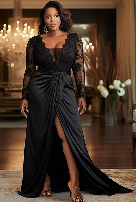 Black Long Sleeves Mermaid V-neck Satin Lace Evening Dresses with Slit