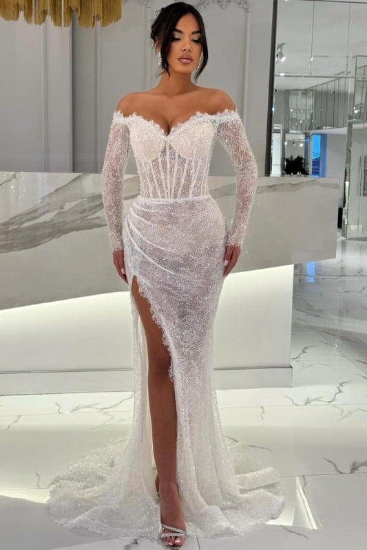 RjerStore Off-the-shoulder Strapless Long Sleeve Sheath Prom Dresses With Split