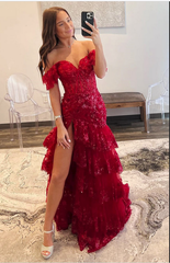 RjerStore Off-the-shoulder Tulle Cascading Ruffles Prom Dresses With Split