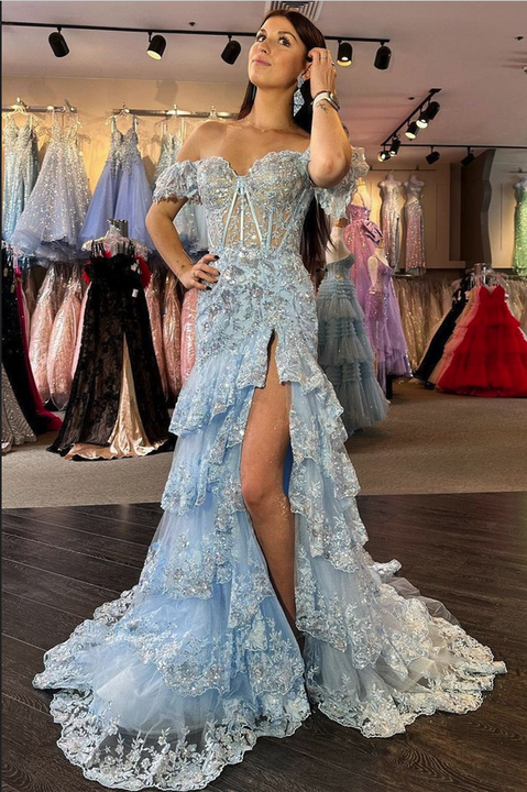 RjerStore Off-the-shoulder Tulle Cascading Ruffles Prom Dresses With Split