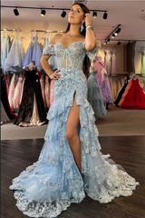 RjerStore Off-the-shoulder Tulle Cascading Ruffles Prom Dresses With Split