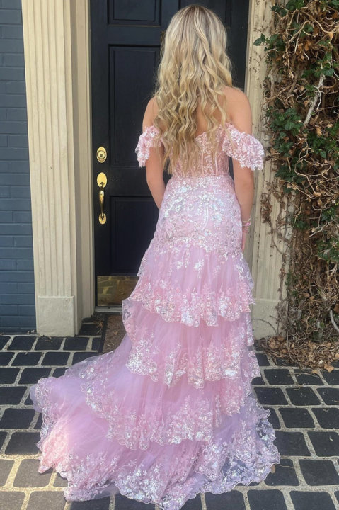 RjerStore Off-the-shoulder Tulle Cascading Ruffles Prom Dresses With Split