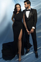 RjerStore One Shoulder Sheath Illusion Sleeve Watteau Train Prom Dresses With Split