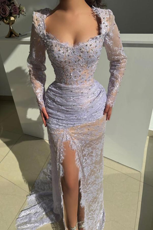 RjerStore Scoop Neck Long Illusion Sleeve Lace Sheath Prom Dresses With Split