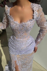 RjerStore Scoop Neck Long Illusion Sleeve Lace Sheath Prom Dresses With Split