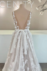 RjerStore V-Neck Spaghetti Sash Applique Backless Tulle Prom Dresses