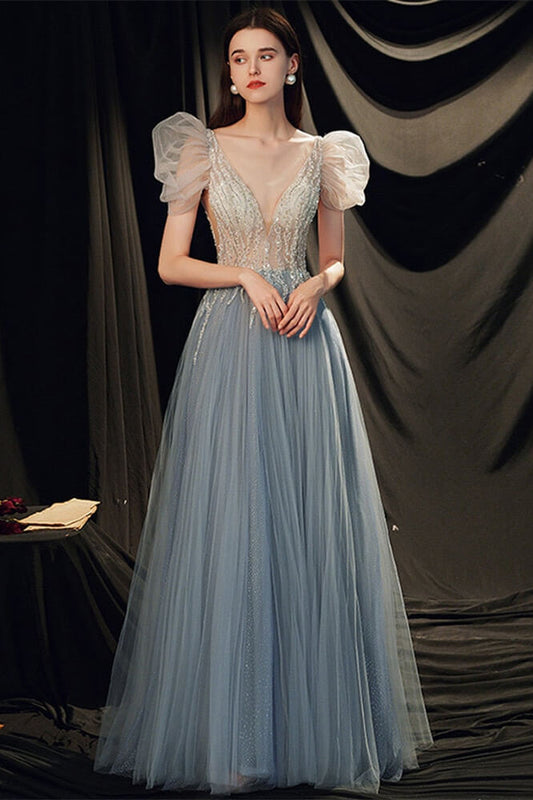 Gorgeous Bubble Sleeves V-Neck Prom Dresses Tulle Long With Beads