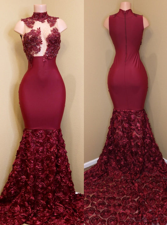 Gorgeous Burgundy High Neck Prom Dress Mermaid Appliques With Flowers Bottom