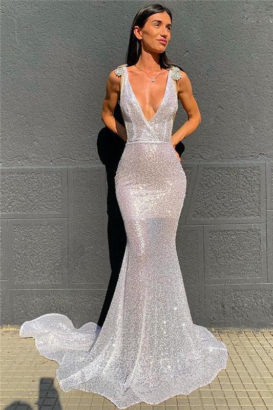 Chic Deep V-Neck Silver Sequins Prom Dress Mermaid Open Back