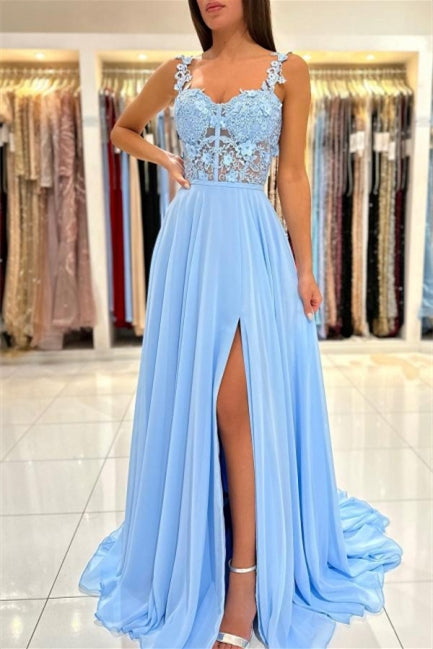 Charming Sky Blue Sleeveless Prom Dress Long Chiffon Slit With Lace Appliques