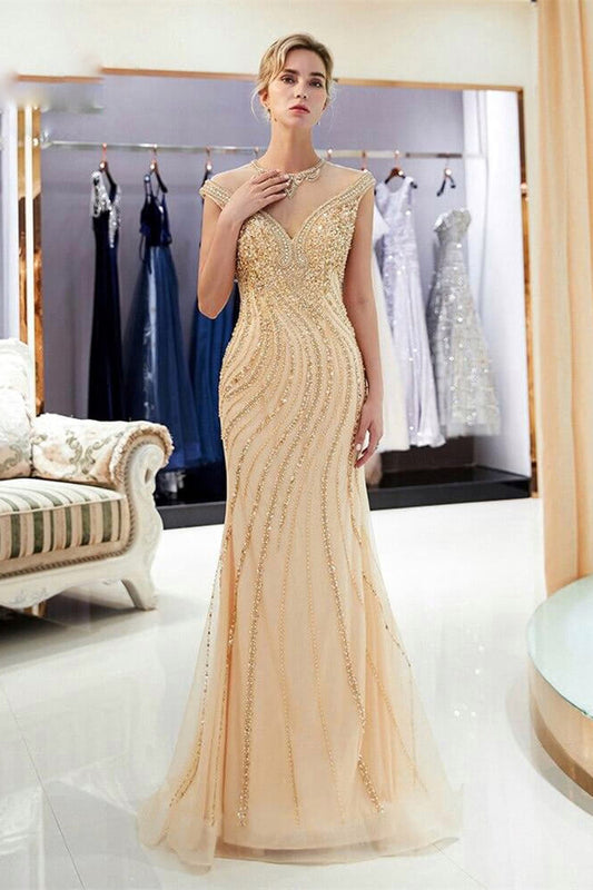 New Arrival Cap Sleeve Mermaid Prom Dress Long With Beads Crystals