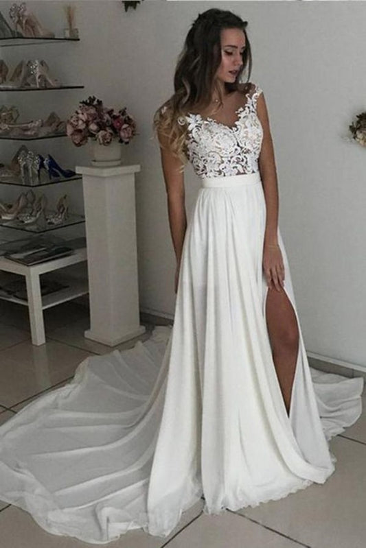 Elegant V-neck A-line Wedding Gown with Chiffon Lace and Side Slit