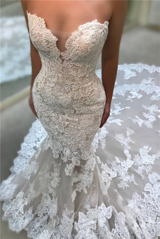 Long Mermaid Wedding Dress with V-Neck and Strapless Backless Lace Appliques