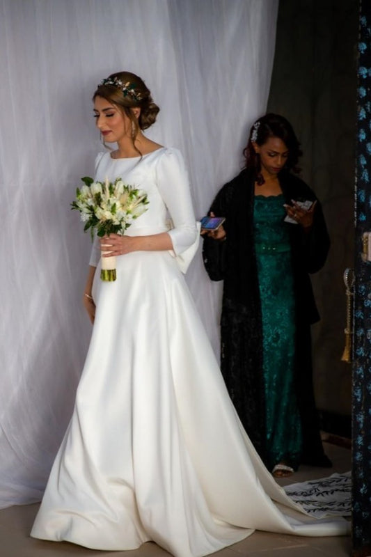 Elegant Long Sleeve Bateau Satin A-line Bridal Gown
