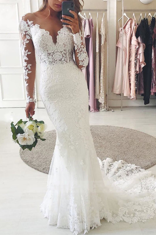 Lace Mermaid Wedding Dress with Long Sweetheart Sleeves