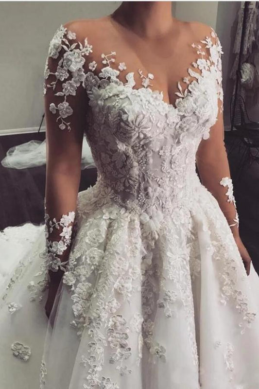 Elegant Floor-length Bateau Wedding Dress with Romantic Lace Appliques and Long Sleeves