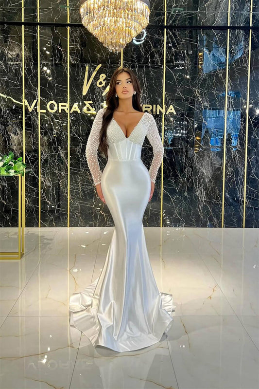 Fabulous White V-Neck Long Sleeves Mermaid Prom Gown With Pearls
