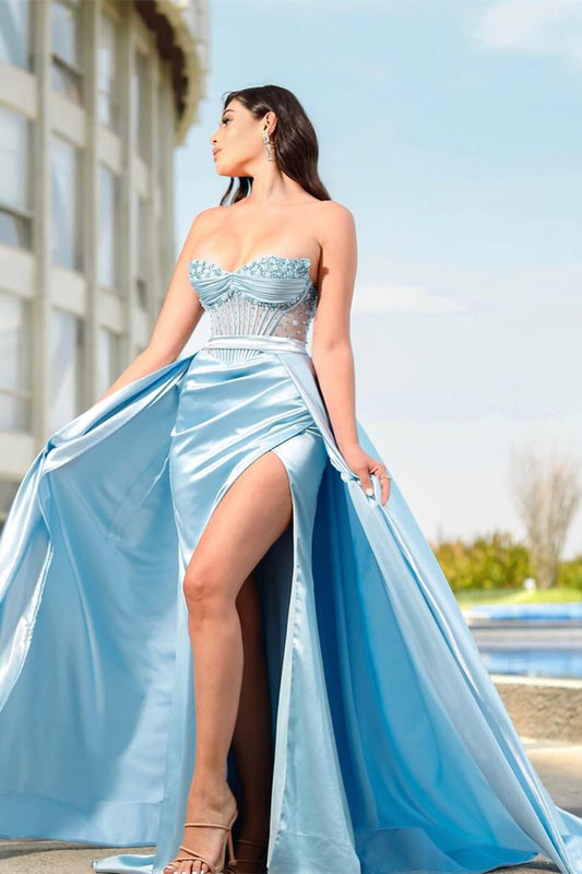 Popular Sky Blue Sweetheart Sleeveless Mermaid Prom Dresses With Split Overskirt