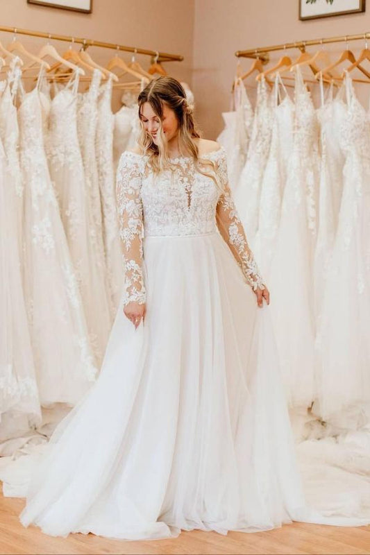 Elegant Off-the-Shoulder A-Line Wedding Gown with Long Tulle Sleeves and Lace