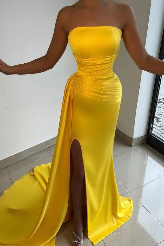 Gorgeous Yellow Strapless Prom Dress Mermaid Long Split Holiday Dresses