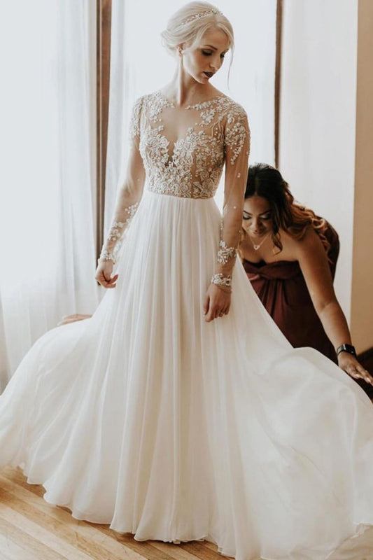 Elegant A-Line Wedding Gown in Chiffon with Long Sleeves and Lace Appliques