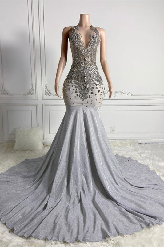 Modern Silver Mermaid Prom Dress Long Beadings Sleeveless On Sale