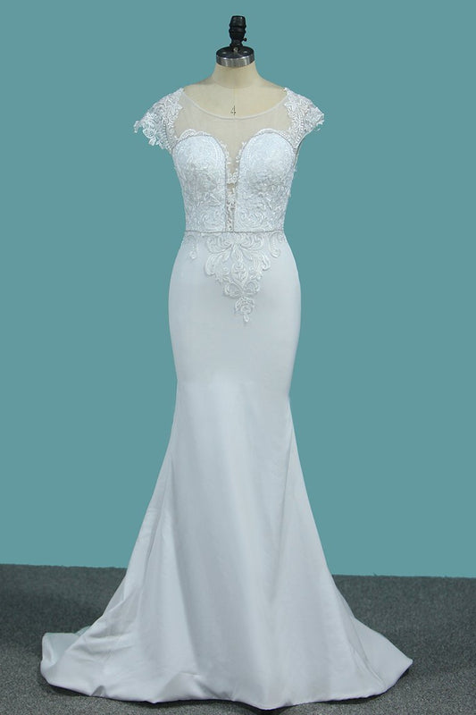 Elegant Mermaid Bateau Wedding Gown with Beaded Appliques and Lace