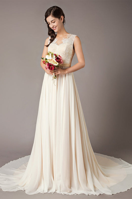 Champagne Chiffon Wedding Gown with Lace