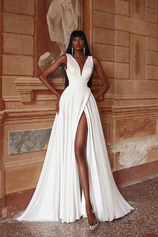 Sleeveless V-Neck Long Split Wedding Dress in Elegant White Satin with Spaghetti Straps and Pleated Detail