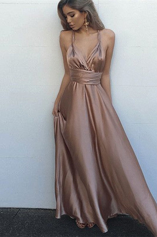 Gorgeous Spaghetti-Straps V-Neck Prom Dress Sleeveless Long
