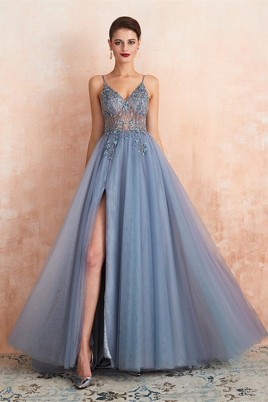 Gorgeous Spaghetti-Straps V-Neck Prom Dress Beadings SPlit Tulle Long Open Back
