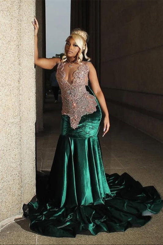 Modern Dark Green Velvet Mermaid Prom Dress Sleeveless Long With Beadings