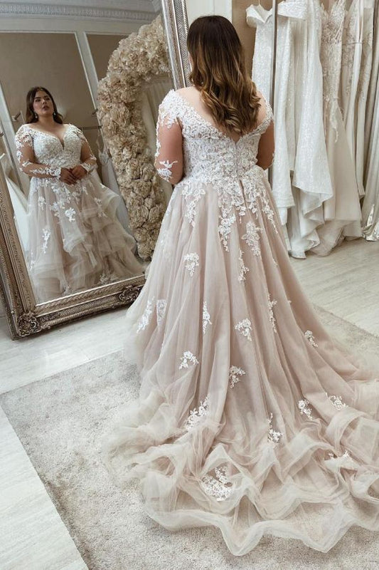 Elegant Plus Size A-Line Wedding Gown with Lace Sleeves and Sweetheart Neckline