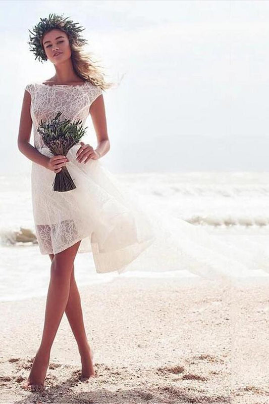 Boho Modest A-line Bateau Beach Wedding Dress with Hi-Lo Lace Sleeveless Design