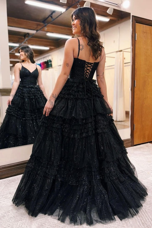 Long Black Tulle Prom Dress Sparkly V Neck Sleeveless Gown