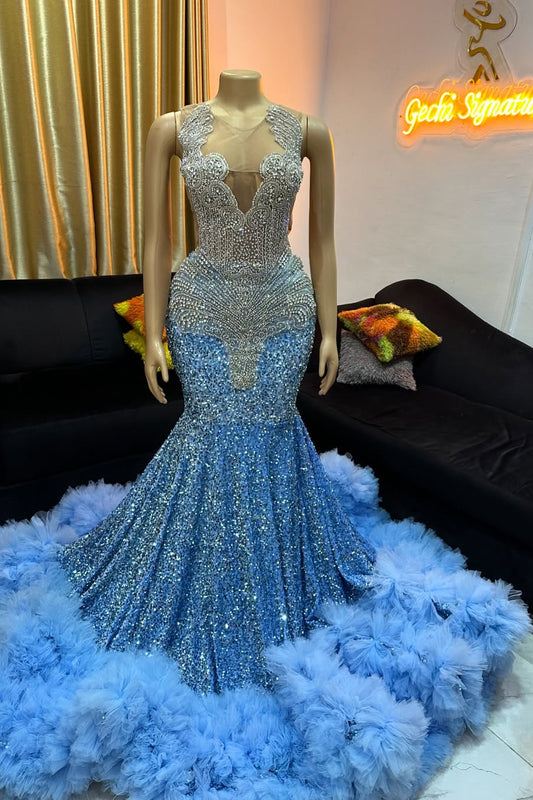 Modern Sky Blue Sleeveless Mermaid Prom Dress Long With Beadings Tulle Ruffles