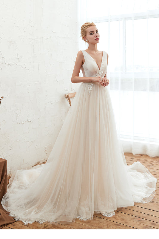 Elegant A-Line Wedding Dress with Deep V-neck and Floor-length Tulle